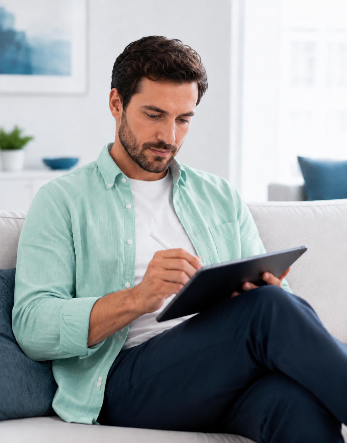 Man signing a digital mandate on a tablet with Green Mandate