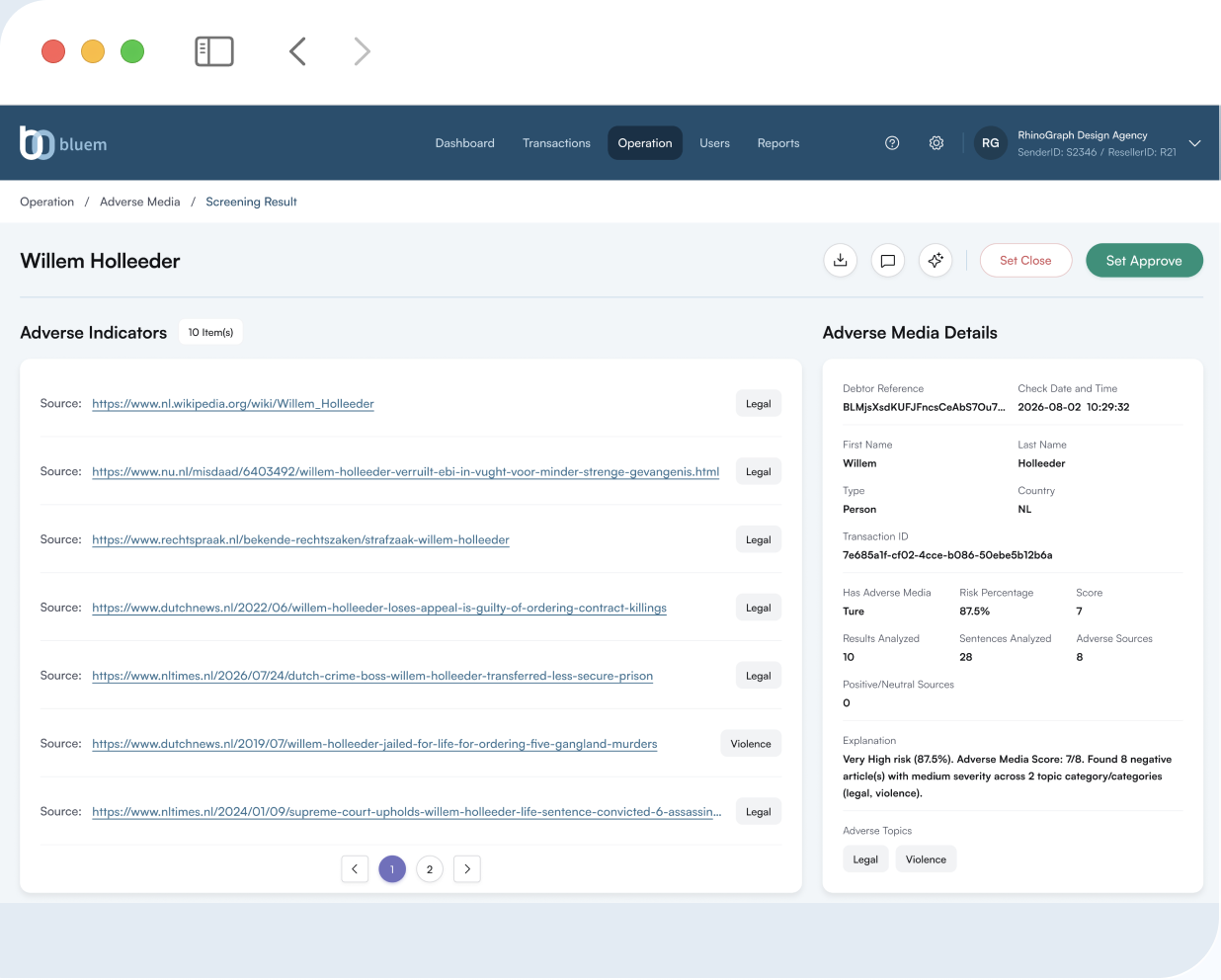 Bluem compliance dashboard showing adverse media screening result for a subject
