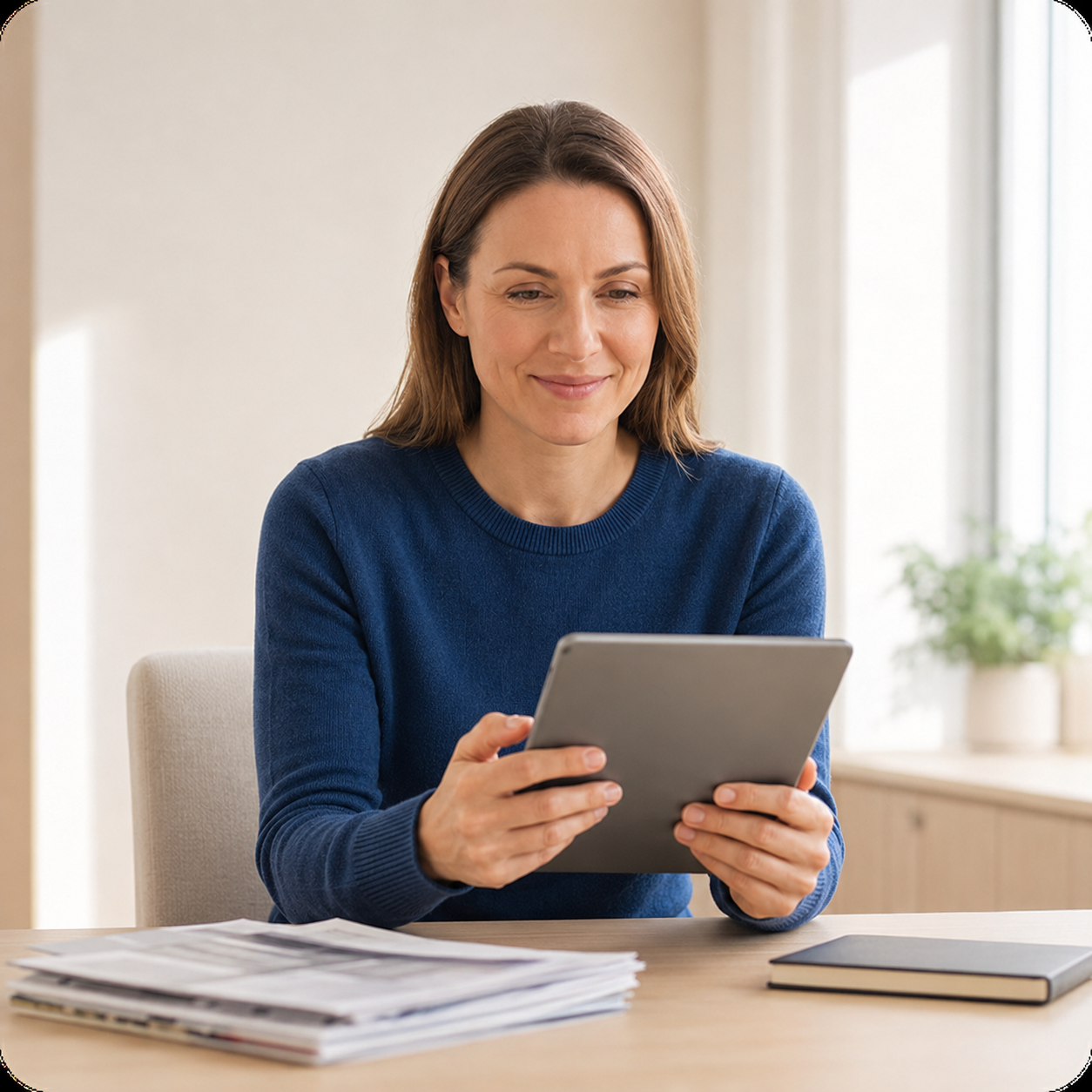 Compliance professional reviewing adverse media screening results on a tablet
