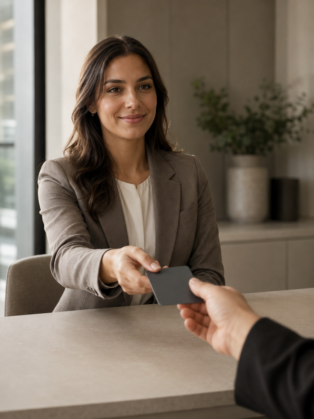 Bank advisor handing a card to a customer across a desk