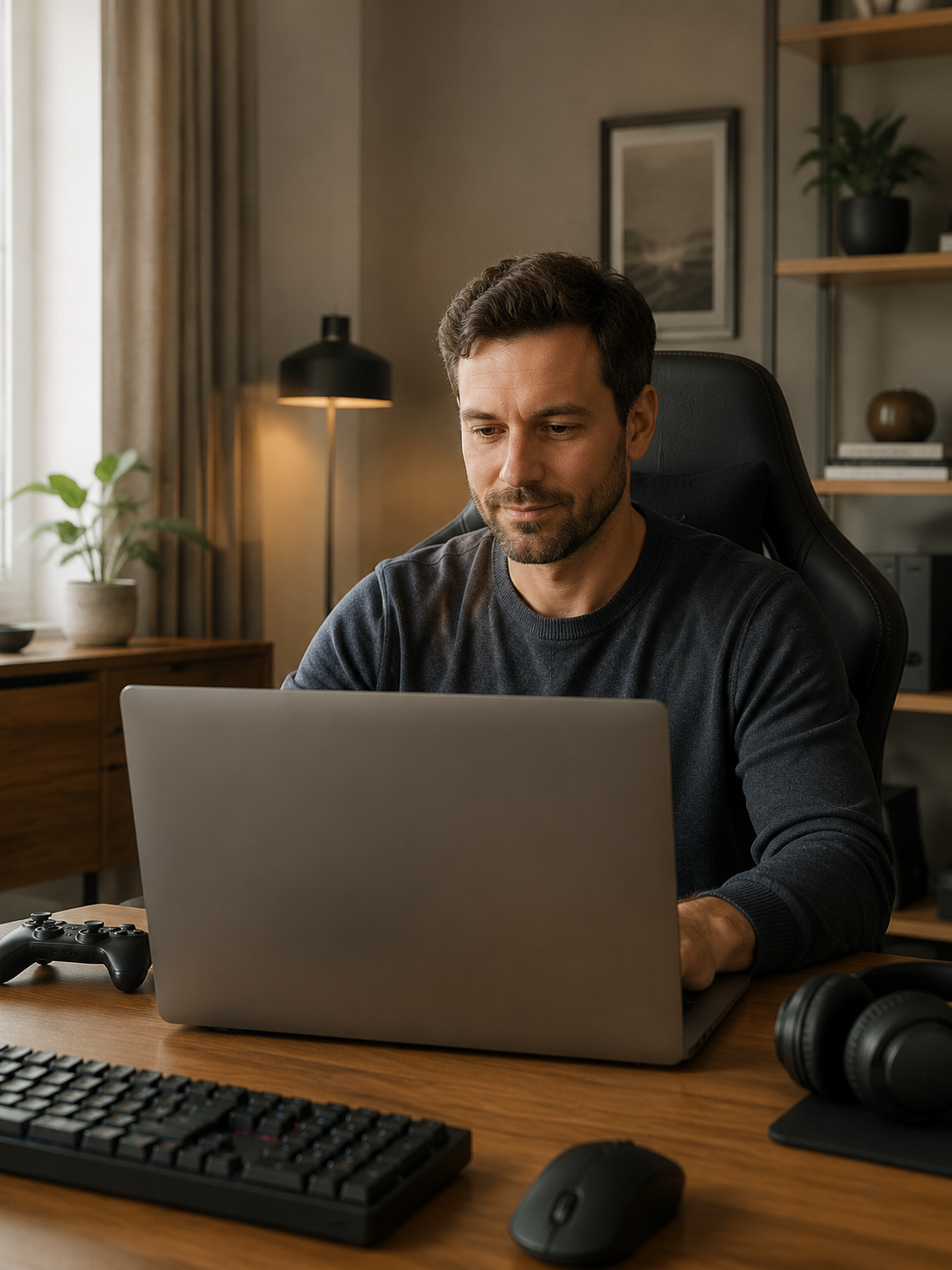 Man working at a laptop in a home office with a gaming chair