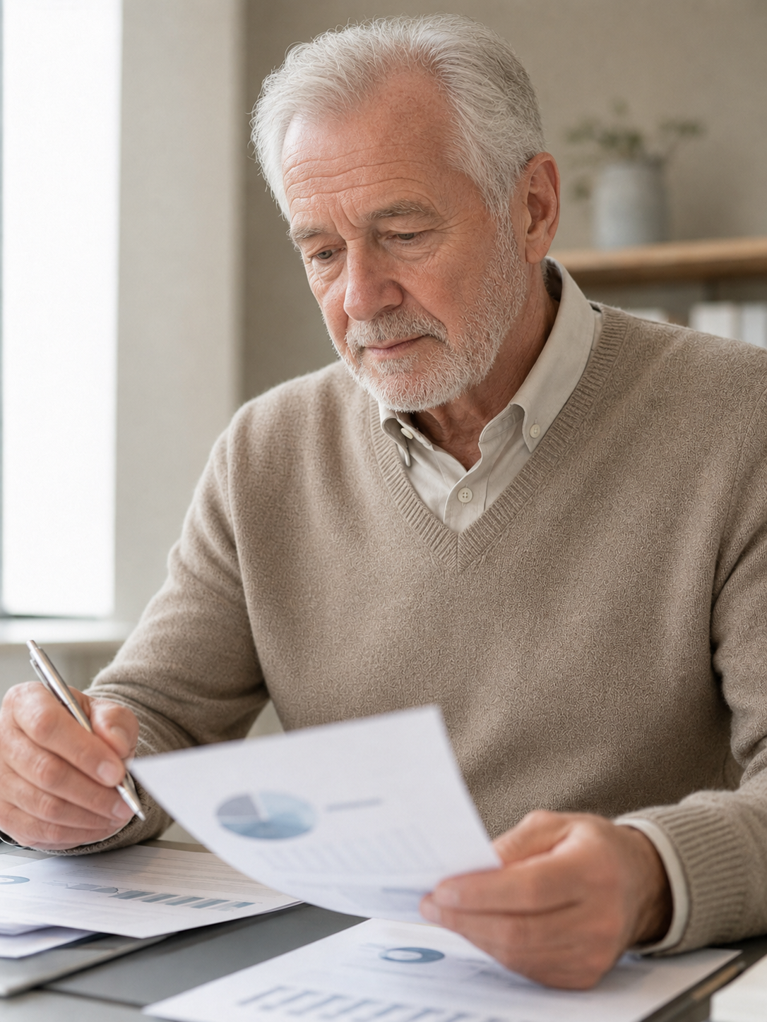 Senior man reviewing pension and insurance documents at home