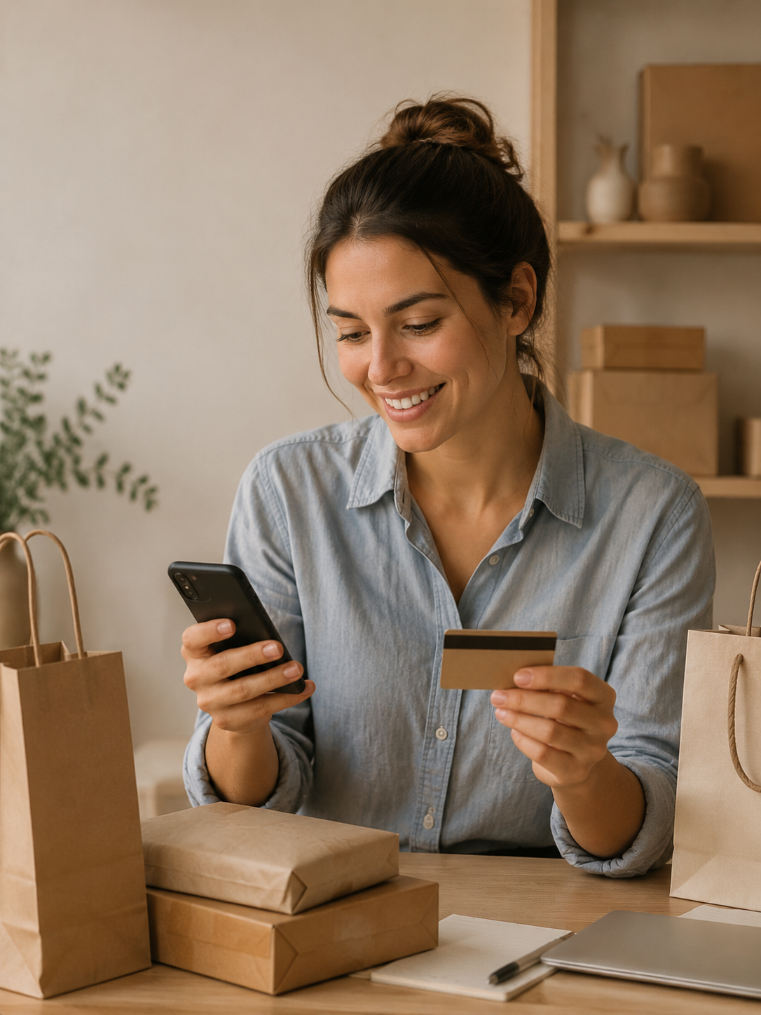 Woman shopping online with a phone and a payment card