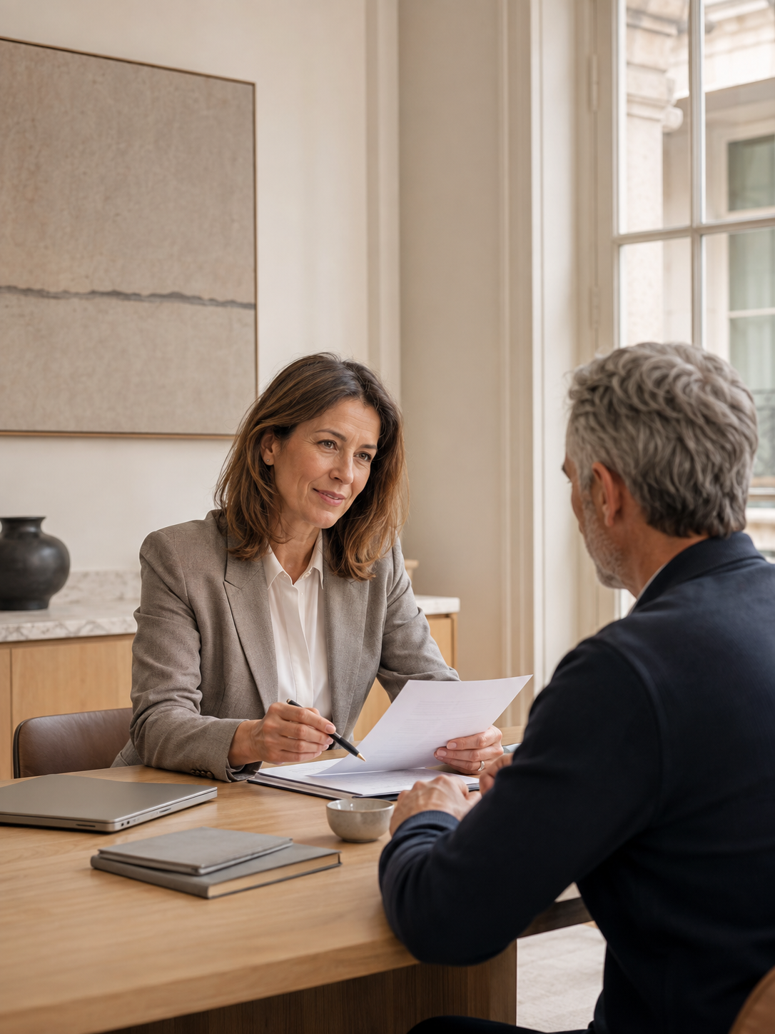 Professional adviser meeting a client to review paperwork