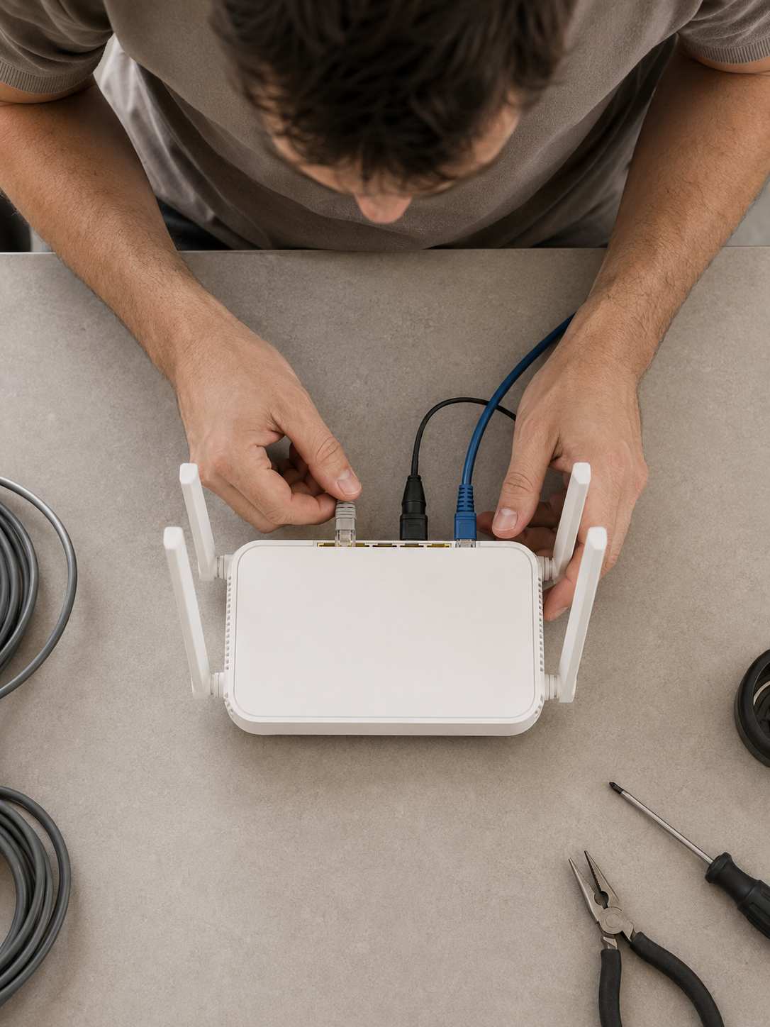 Technician connecting network cables to a router