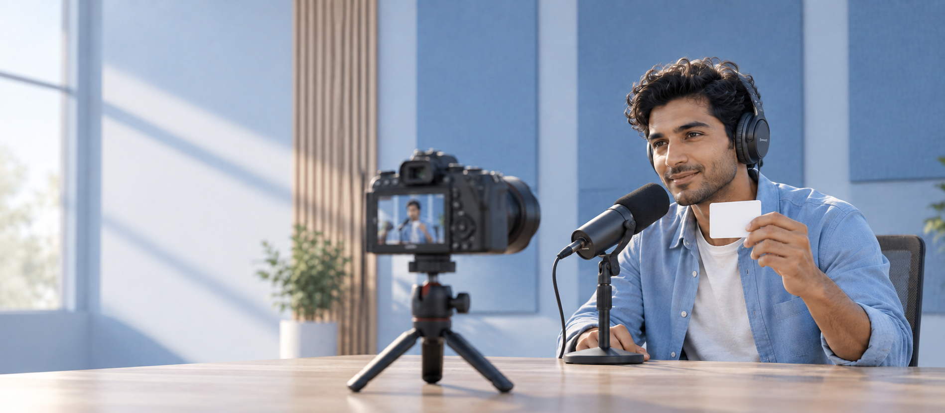 Content creator recording a podcast and holding up a verification card