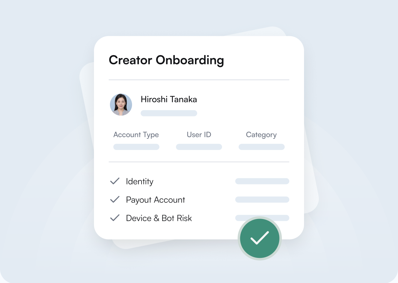 Creator onboarding card with verified identity, payout account and device risk checks
