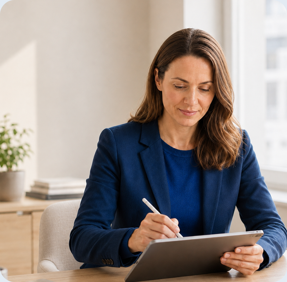 Professional signing a document on a tablet
