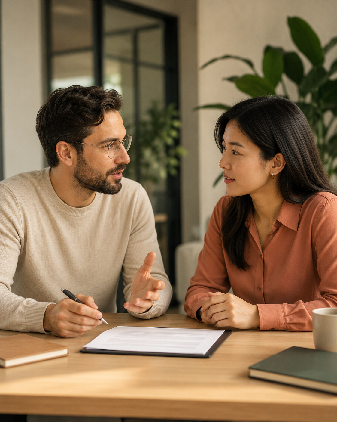Two colleagues discussing an employment contract at a desk