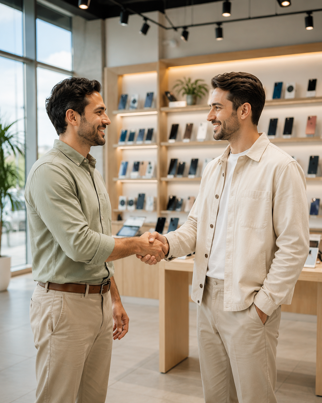 Two partners shaking hands in a store