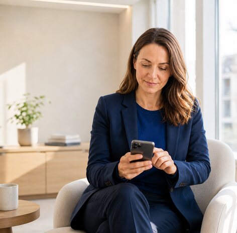 Woman checking her smartphone in a bright living room