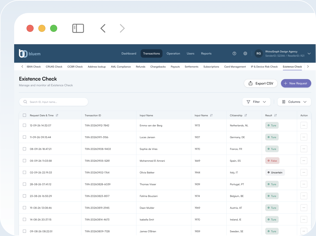 Bluem dashboard showing Existence Check results in a browser window