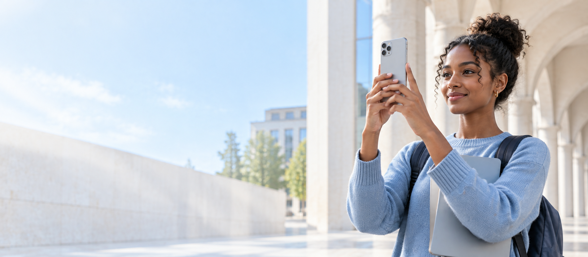 International student verifying her identity with a smartphone on campus