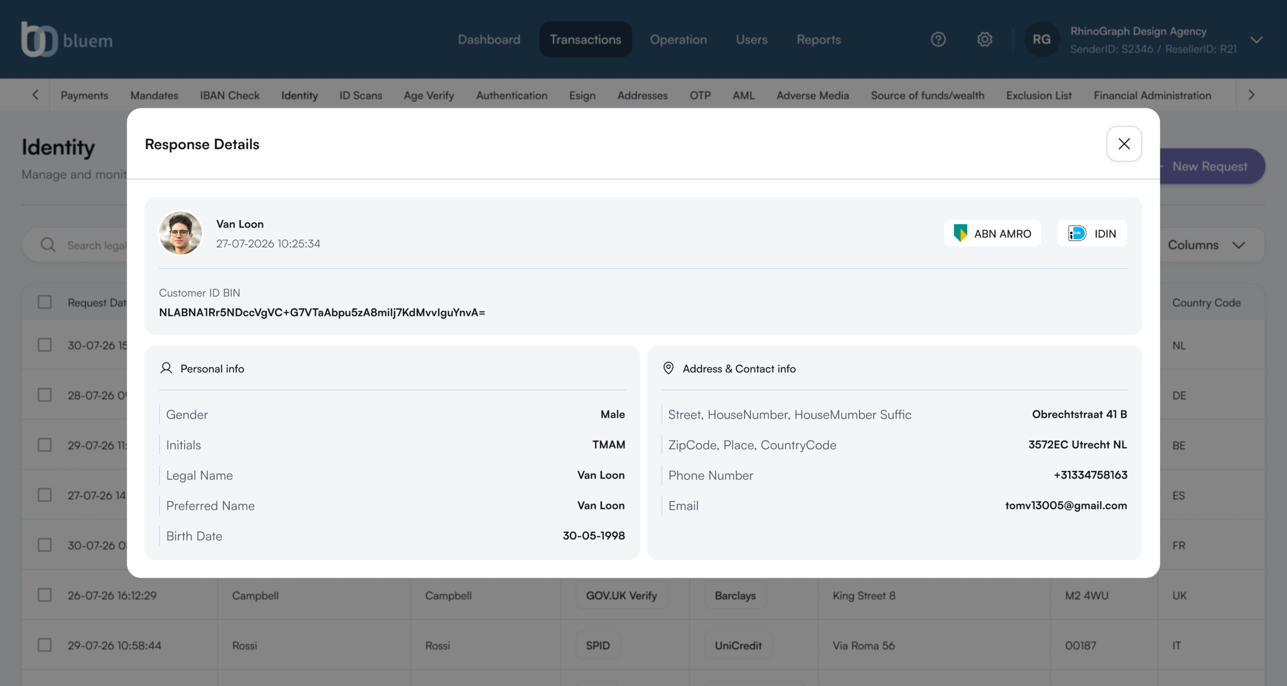 Bluem Dashboard identity response details