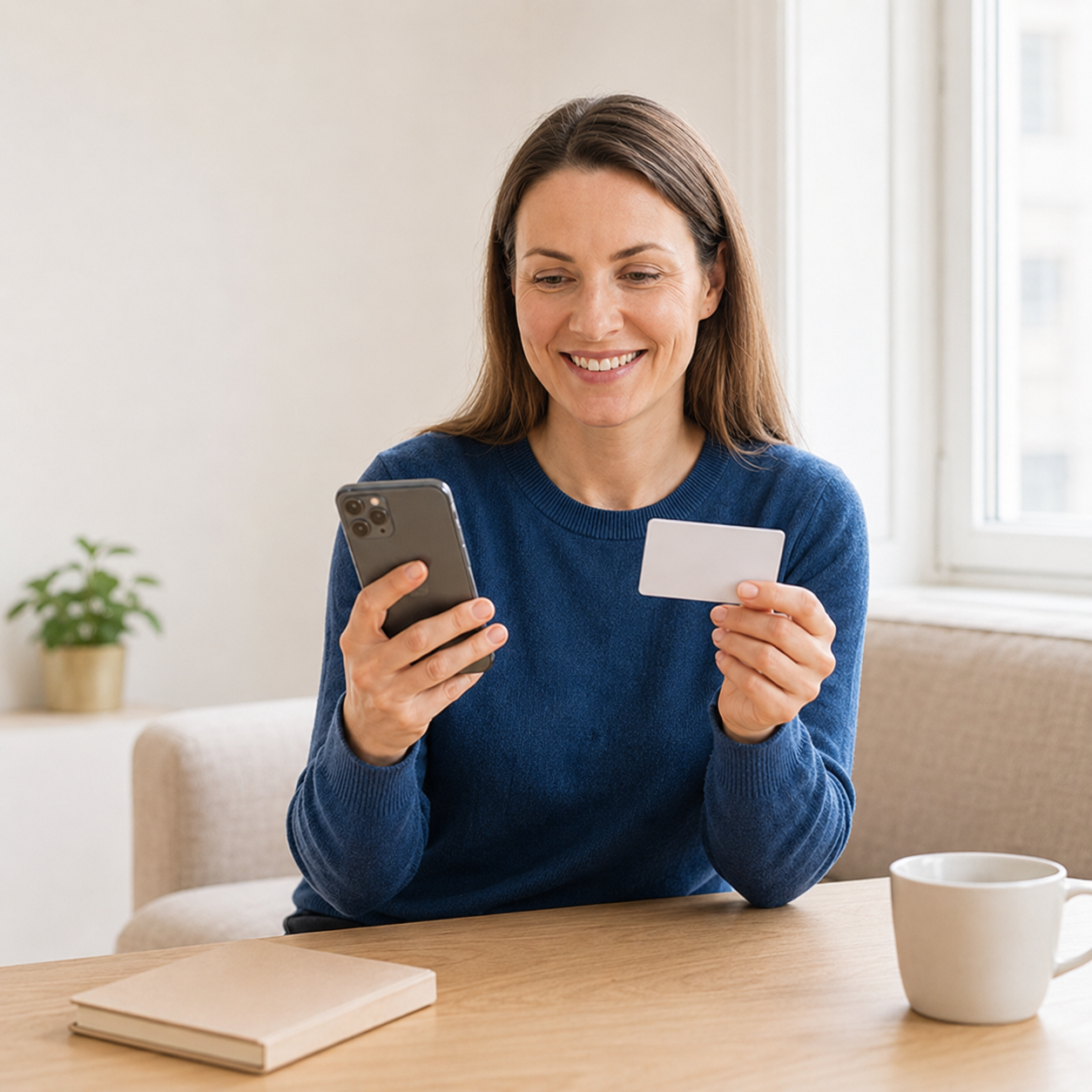 Woman verifying her identity with a phone and ID card