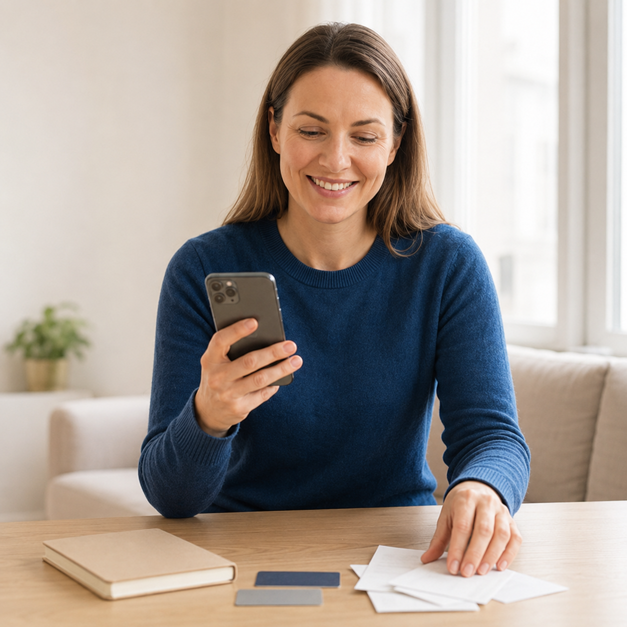 Woman smiling while reviewing her finances on a phone