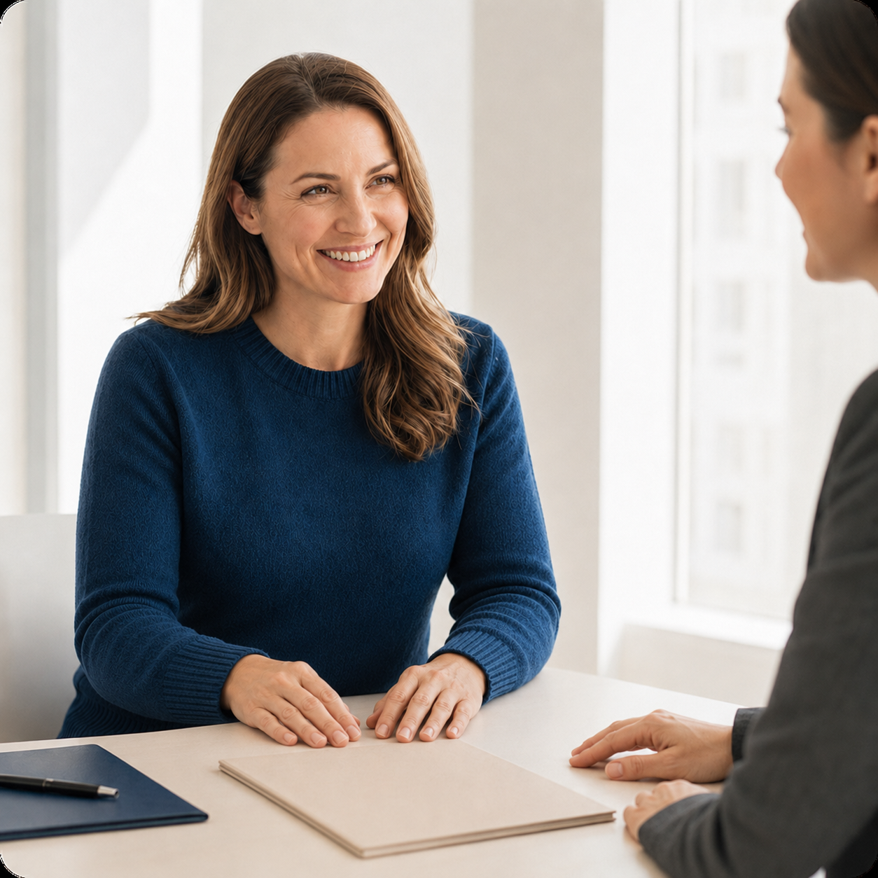 Smiling woman at a desk during a financial status consultation