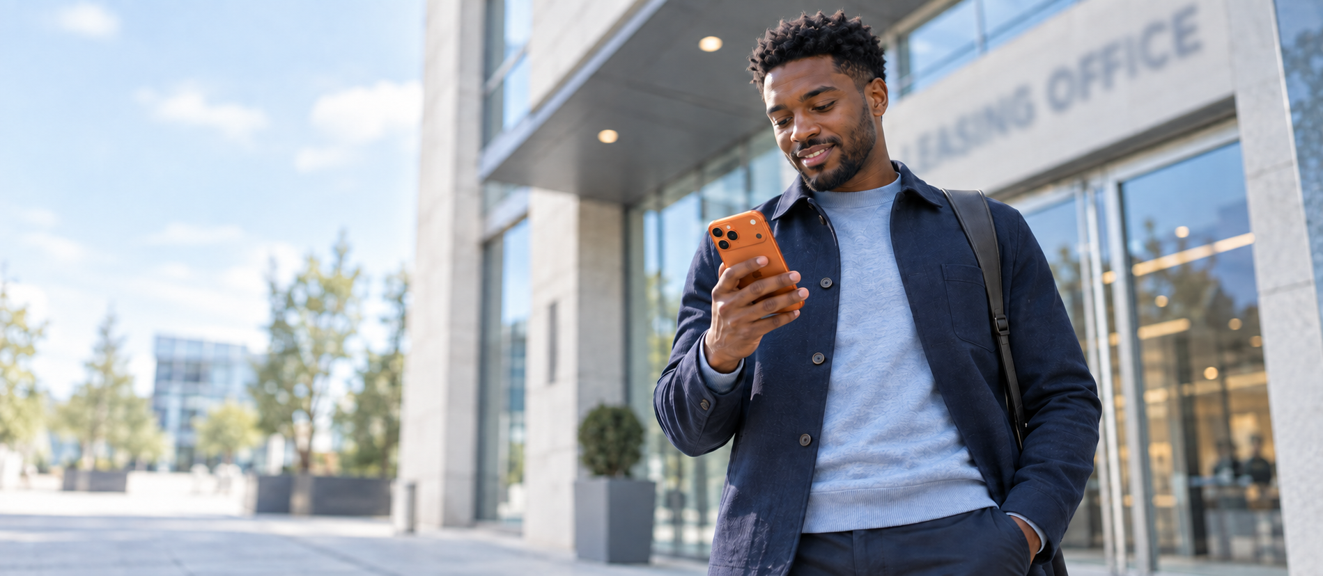 Investor using a phone outside a leasing office