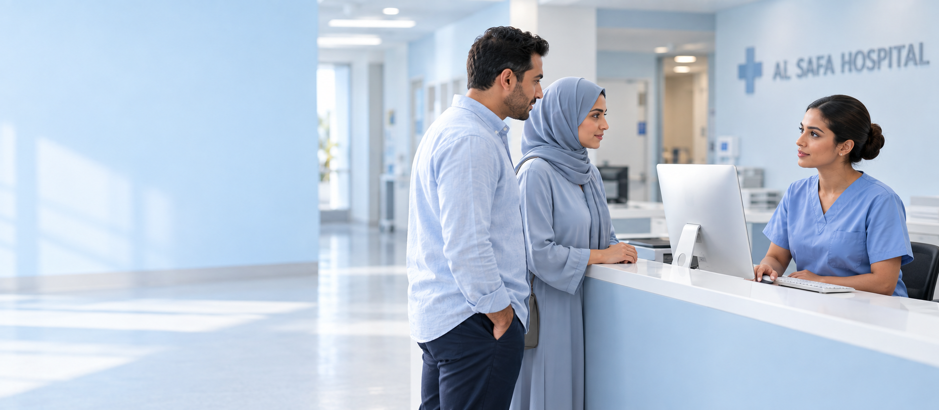 Patients at the reception desk of a hospital