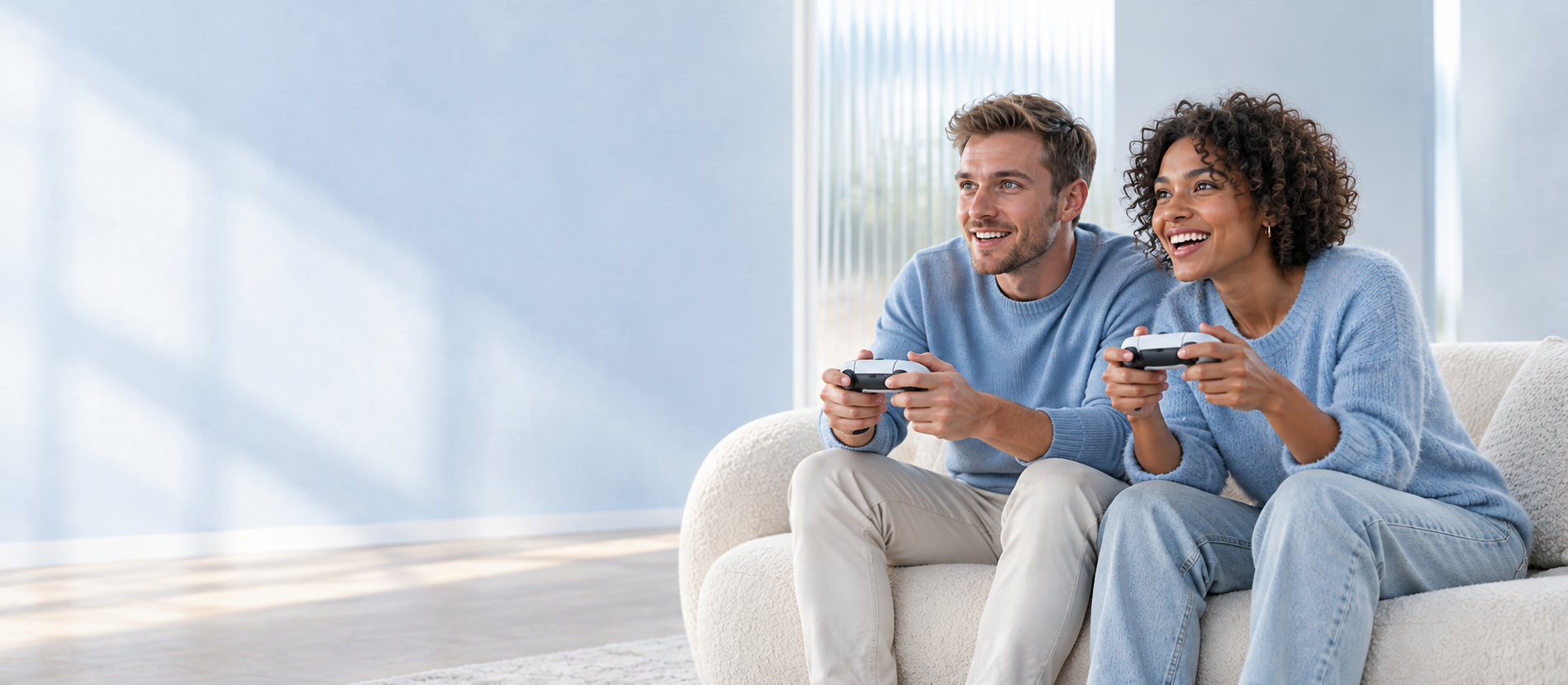 Couple playing video games together on a sofa