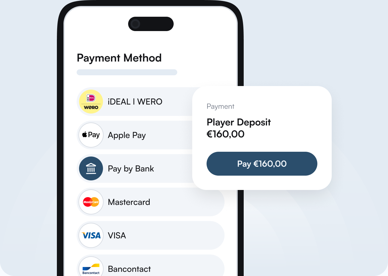 Phone showing payment methods iDEAL Wero, Apple Pay, Pay by Bank, Mastercard, Visa and Bancontact, with a player deposit card