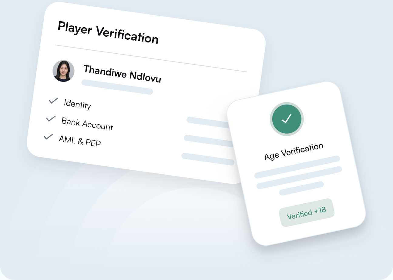 Player verification card with identity, bank account and AML checks, and an age verification badge