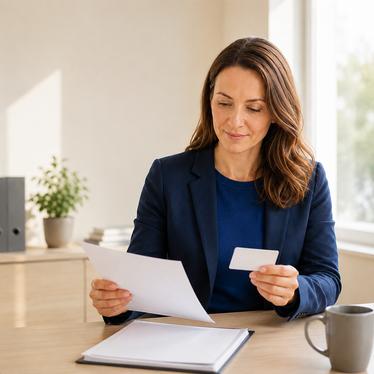 Woman verifying bank details at her desk