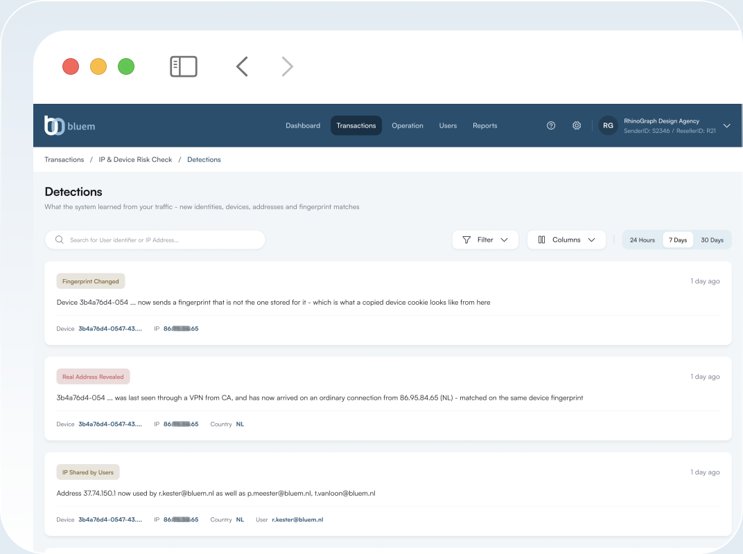 Bluem dashboard showing device fingerprint detections