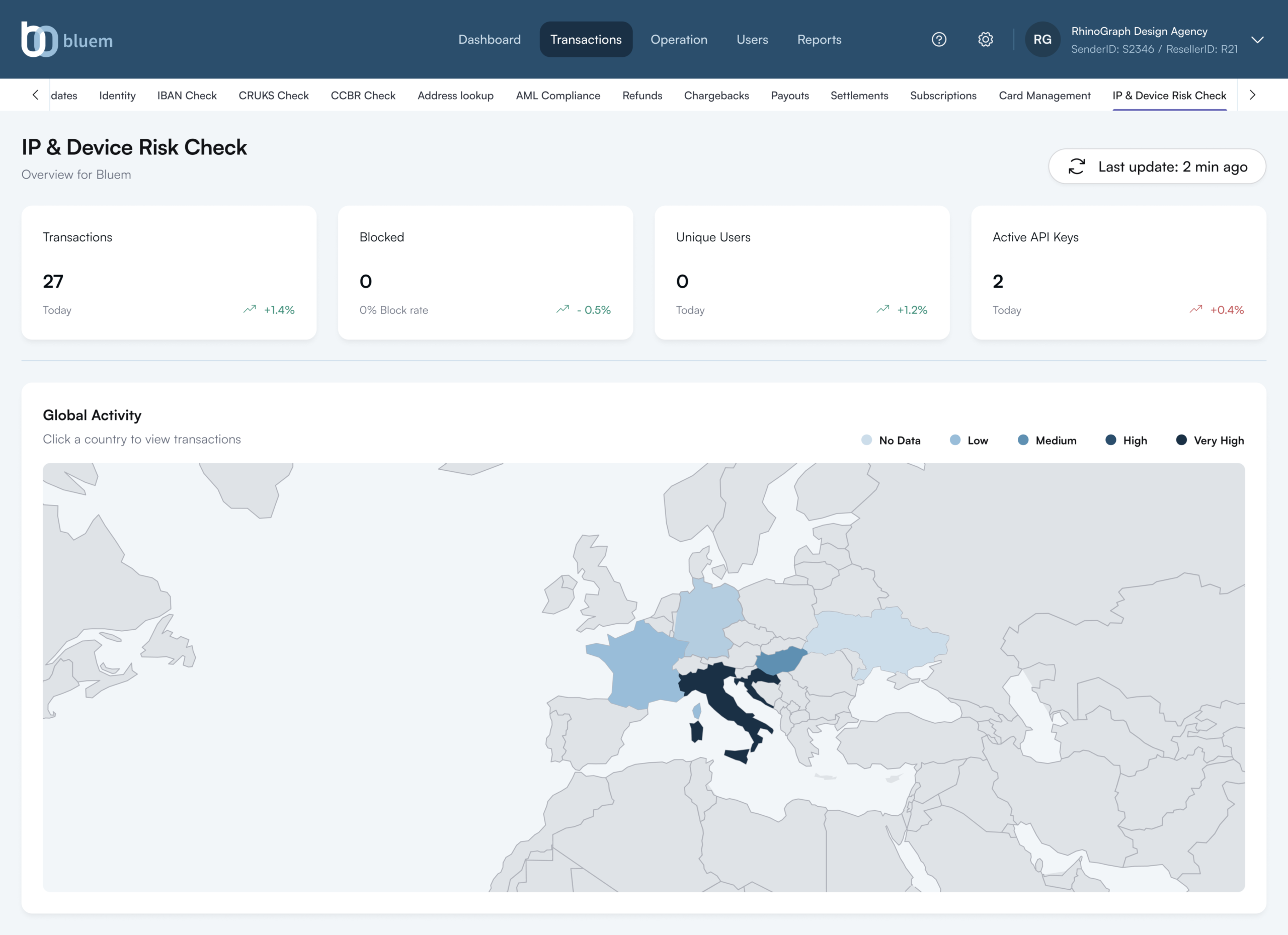 Bluem IP and Device Risk Check dashboard with transactions, blocked users and global activity map