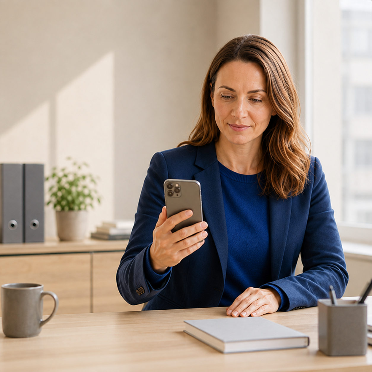 Woman checking a login on her phone at a desk
