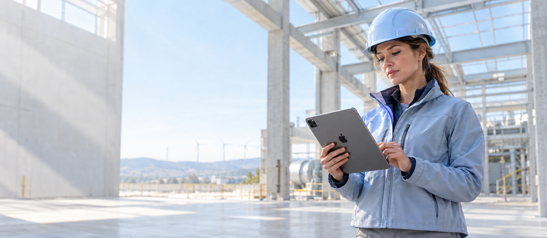 Engineer in a hard hat reviewing supplier details on a tablet at an industrial site