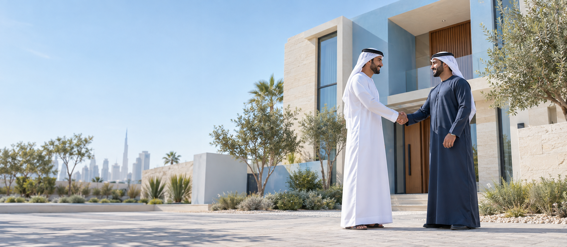 Two men shaking hands in front of a modern villa