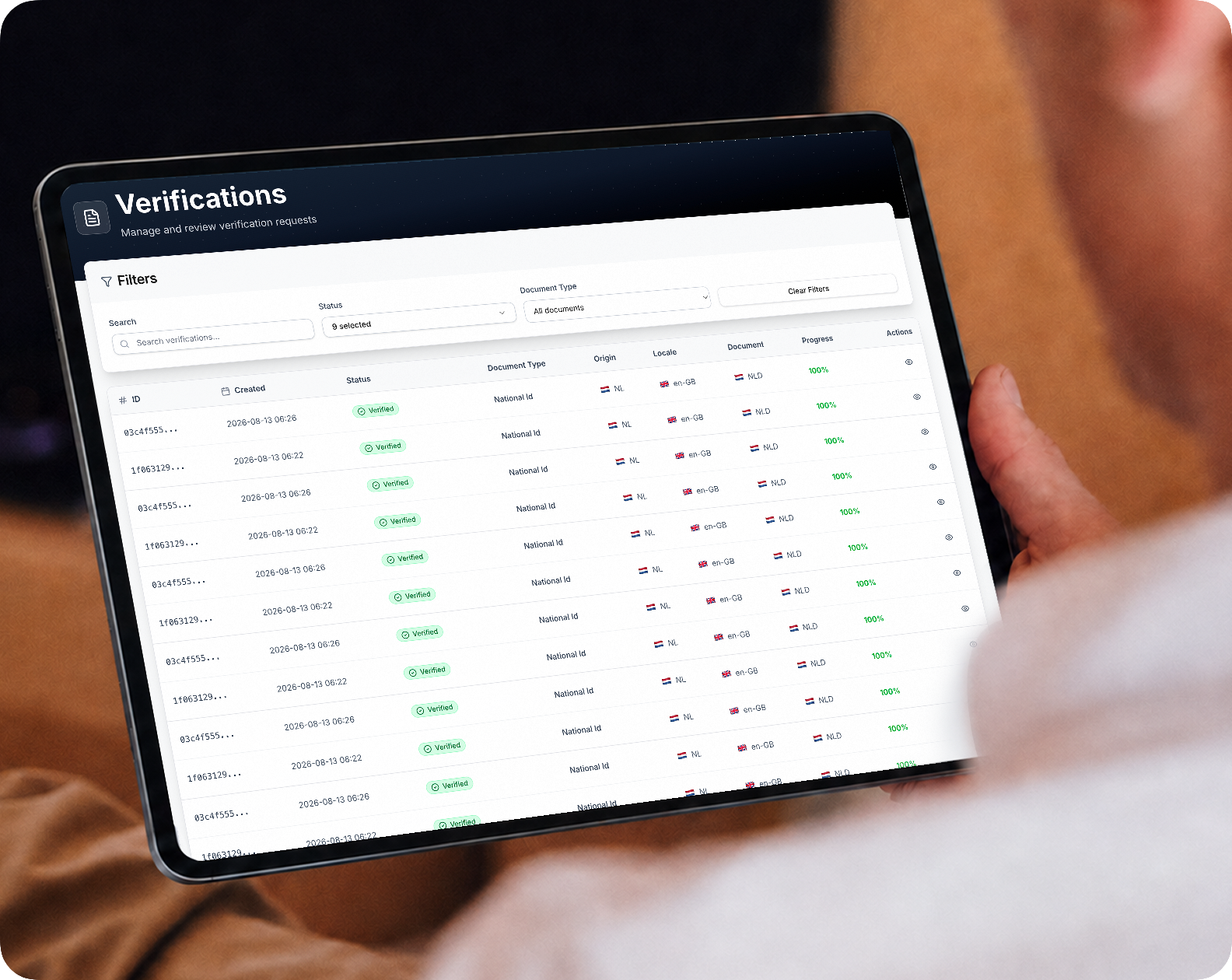okID verifications dashboard shown on a tablet