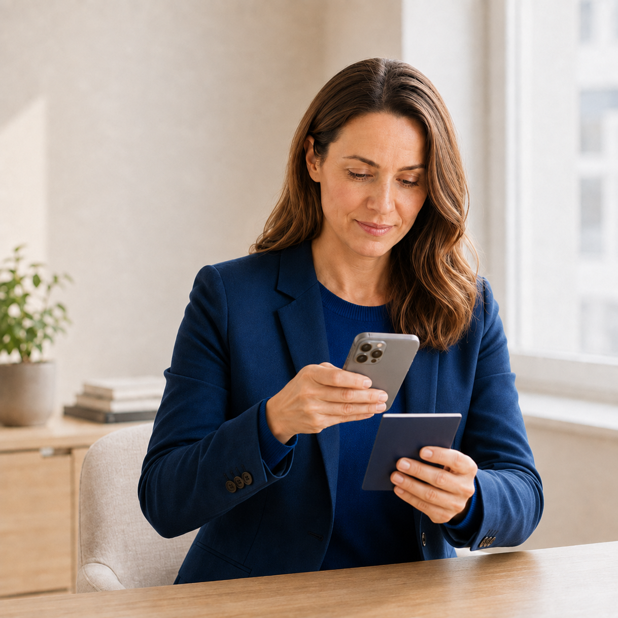 Woman verifying her identity with her phone and ID card