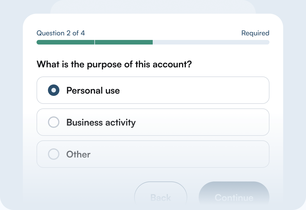 Questionnaire step asking the purpose of the account with answer options