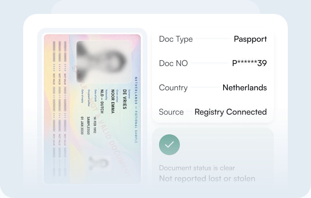 Stolen document check showing passport details and status not reported lost or stolen