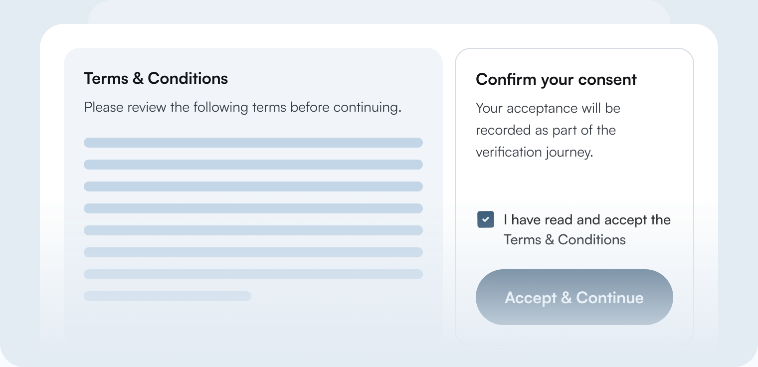 Terms and conditions step with consent checkbox and Accept and Continue button