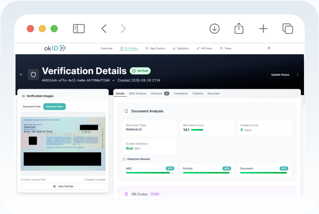 okID verification details dashboard showing document analysis results
