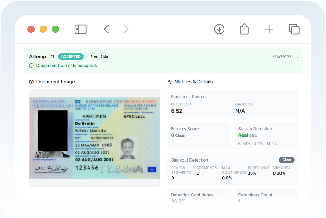 okID attempt view with document image and face match metrics