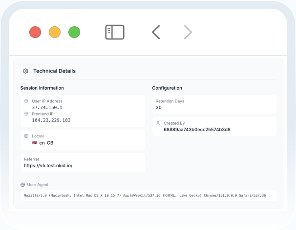 okID technical details screen (mobile)