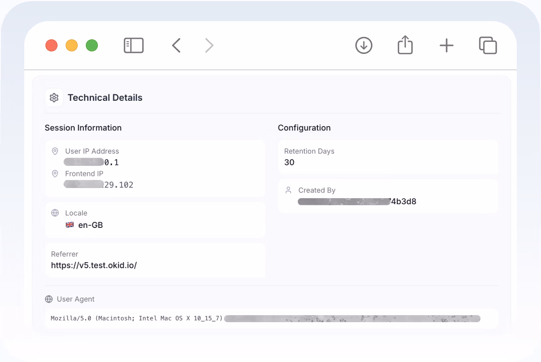 okID technical details panel with session information and configuration