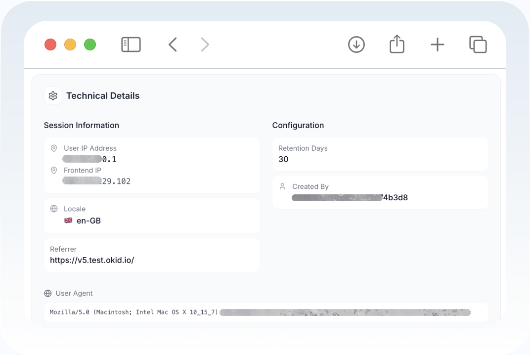 okID technical details panel with session information and configuration