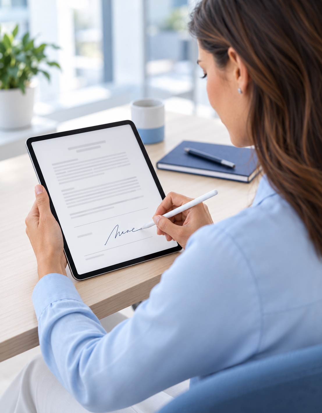 Woman signing a document digitally on a tablet