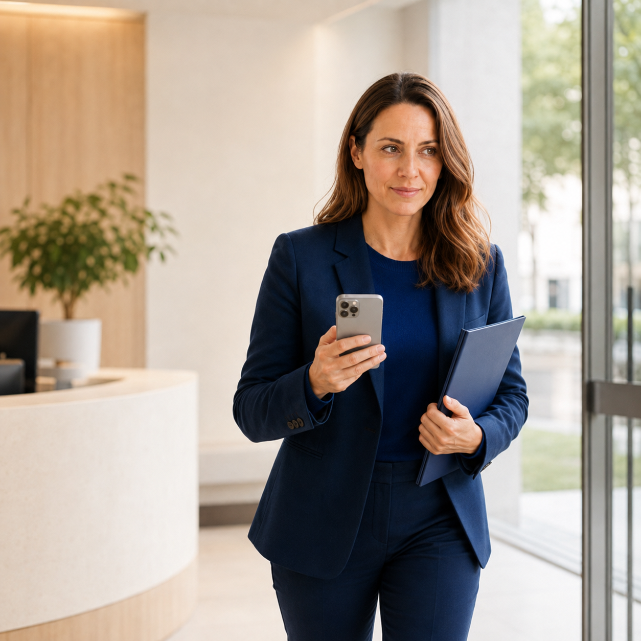 Professional woman holding a smartphone and a tablet in a bright office