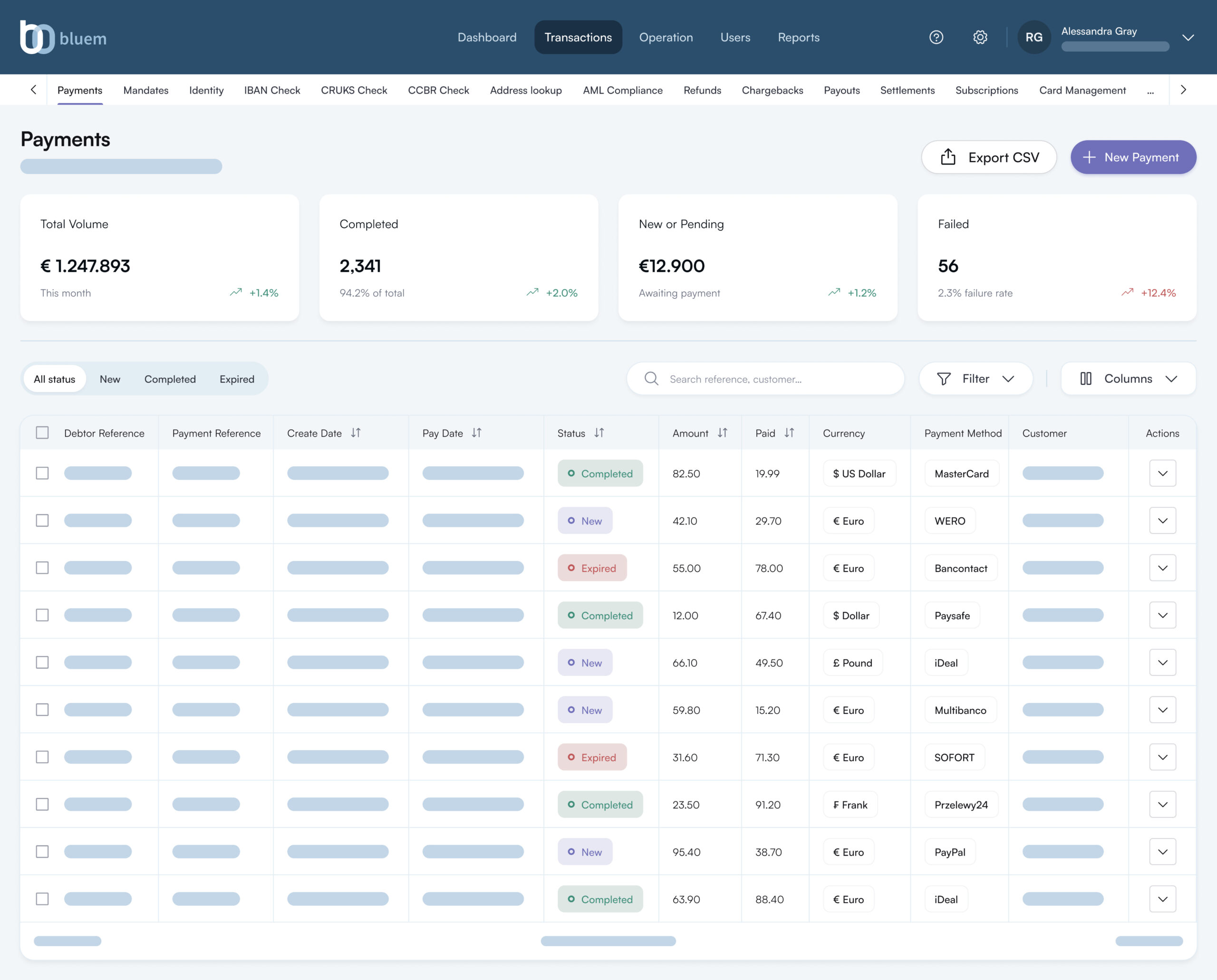 Bluem dashboard payments overview