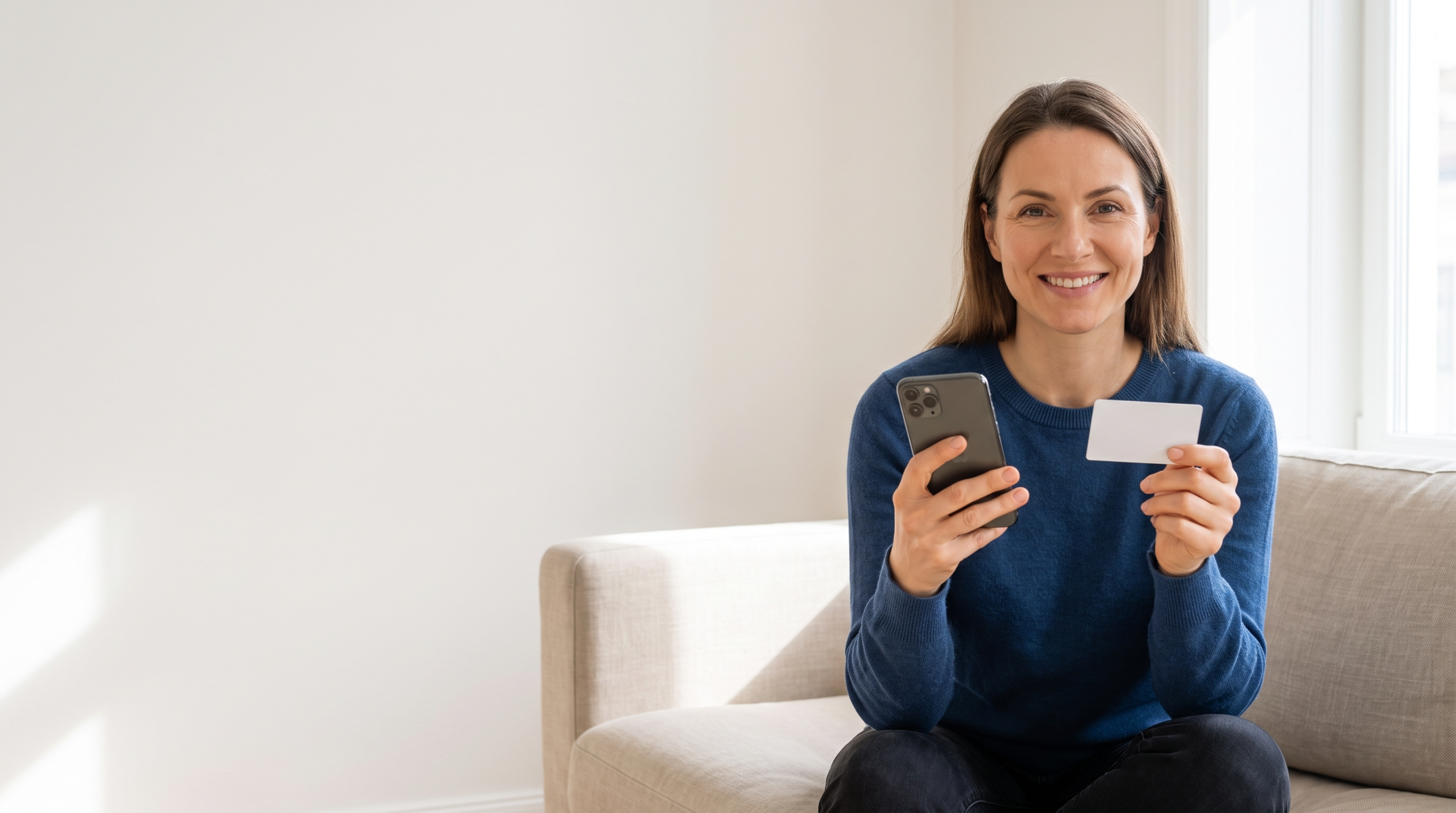 Smiling woman paying online with her phone and card