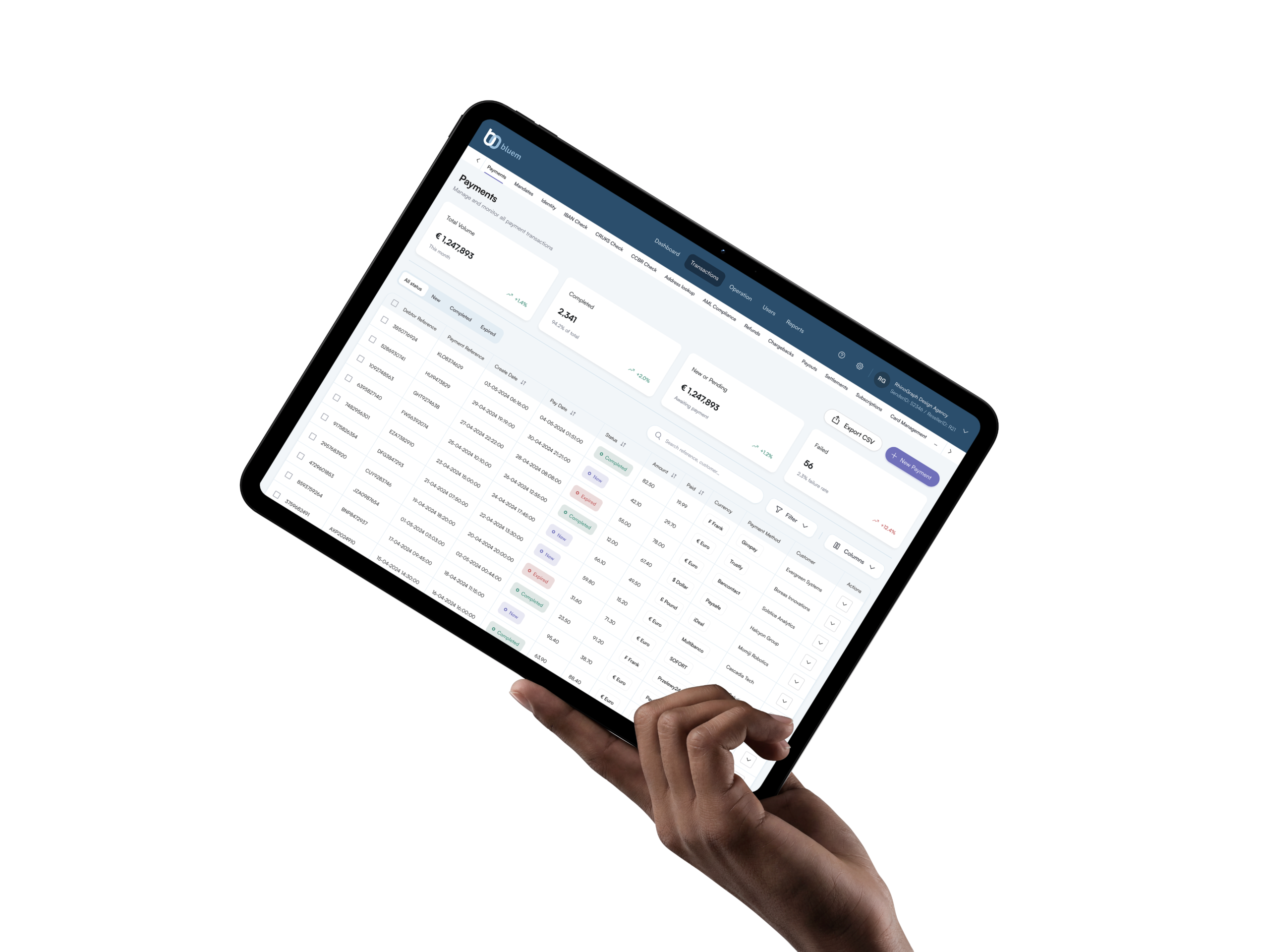 Hand holding a tablet showing the Bluem payouts dashboard