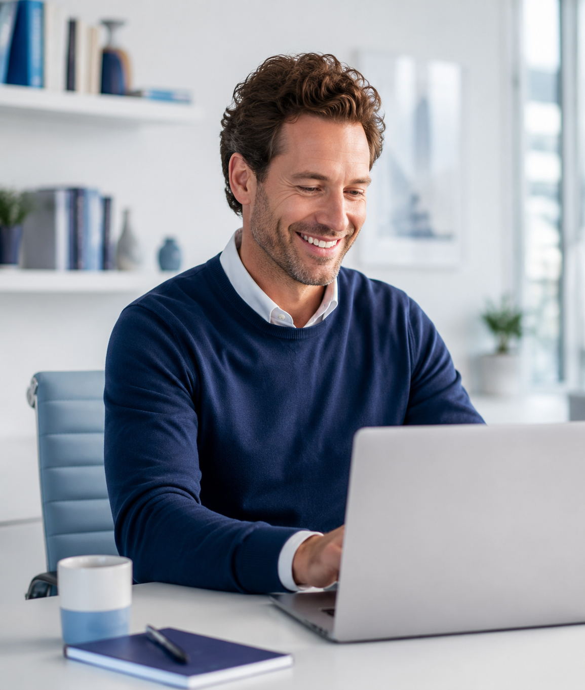 Smiling man at a laptop with the mandate ready