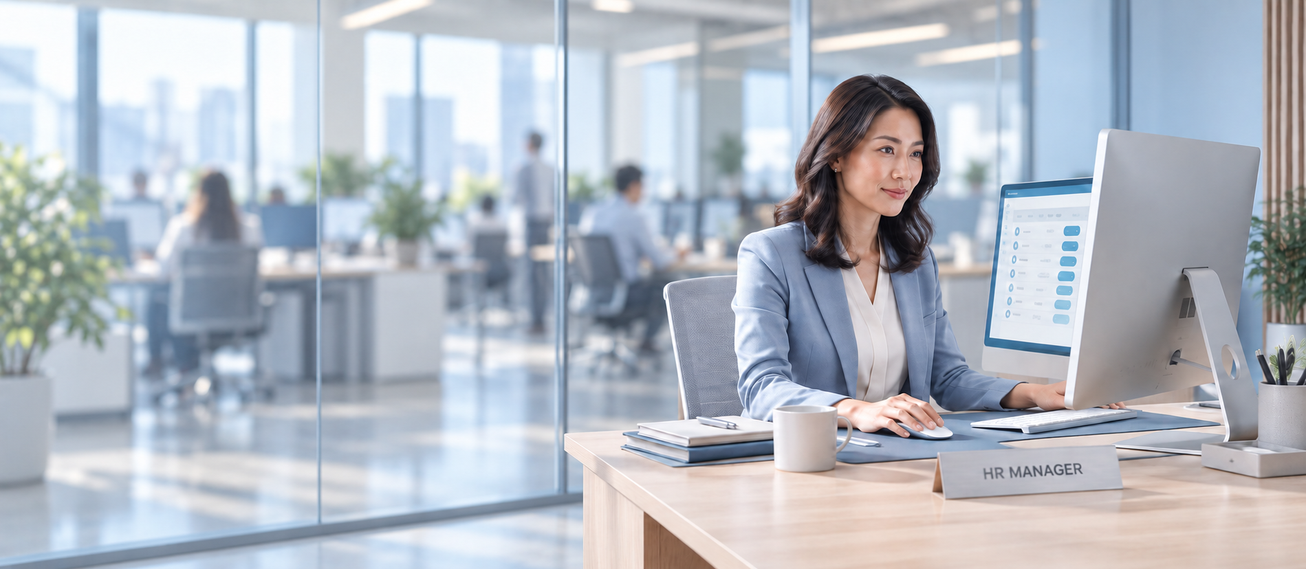 HR manager reviewing employee pension enrolment on a desktop computer