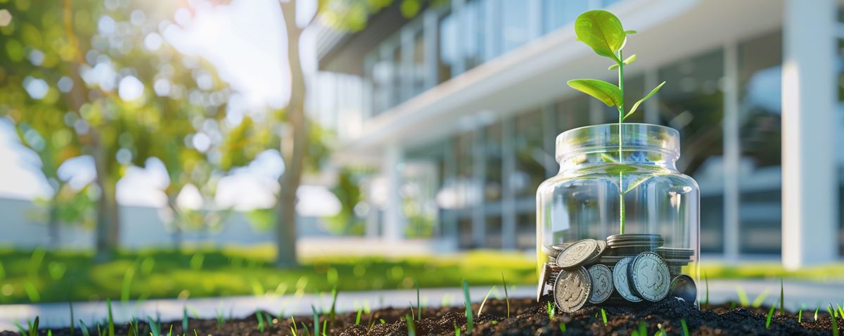 Plant growing in a glass jar of coins